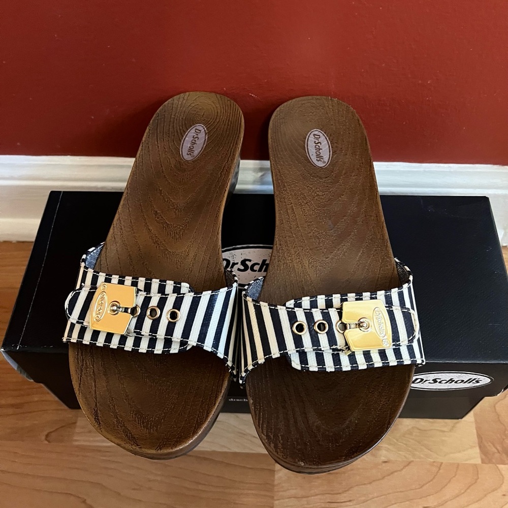 Dr. Scholl's Navy Stripe Sandals with Gold Accent